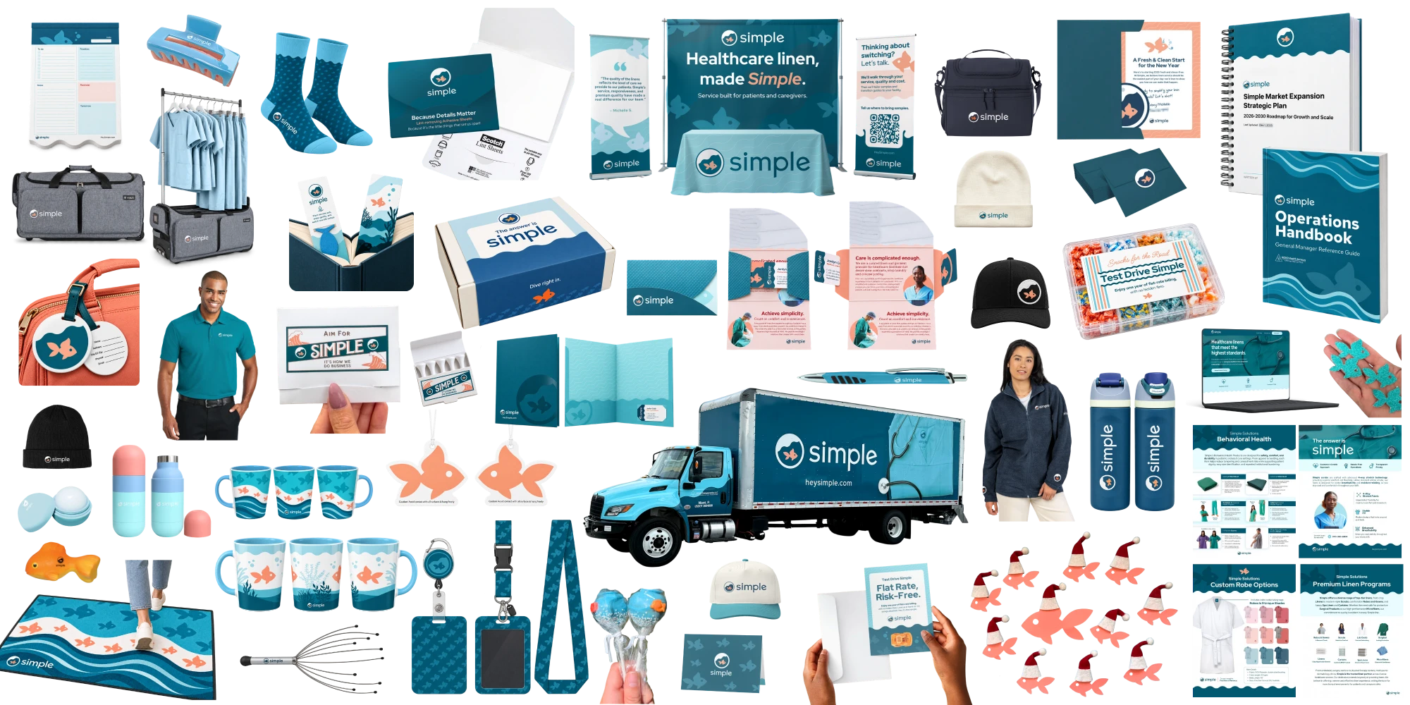 Four years of Simple laid out together: a liveried delivery truck, scrubs and outerwear, mugs, socks, bottles, bags and hats, welcome boxes and gifting, lanyards and badges, air fresheners, booth banners and table covers, sell sheets and solution one-pagers, the website, the Operations Handbook and the Market Expansion Strategic Plan.